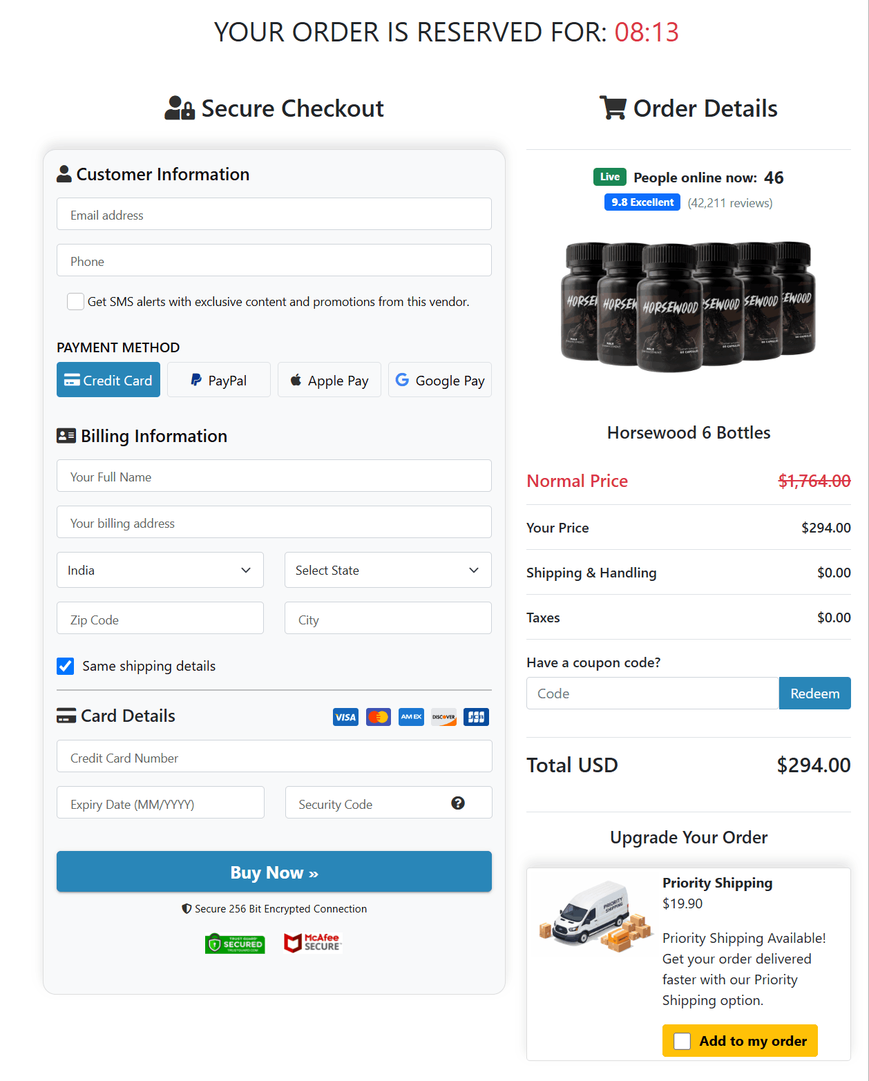 Horsewood Male Vitality Secure Checkout Page